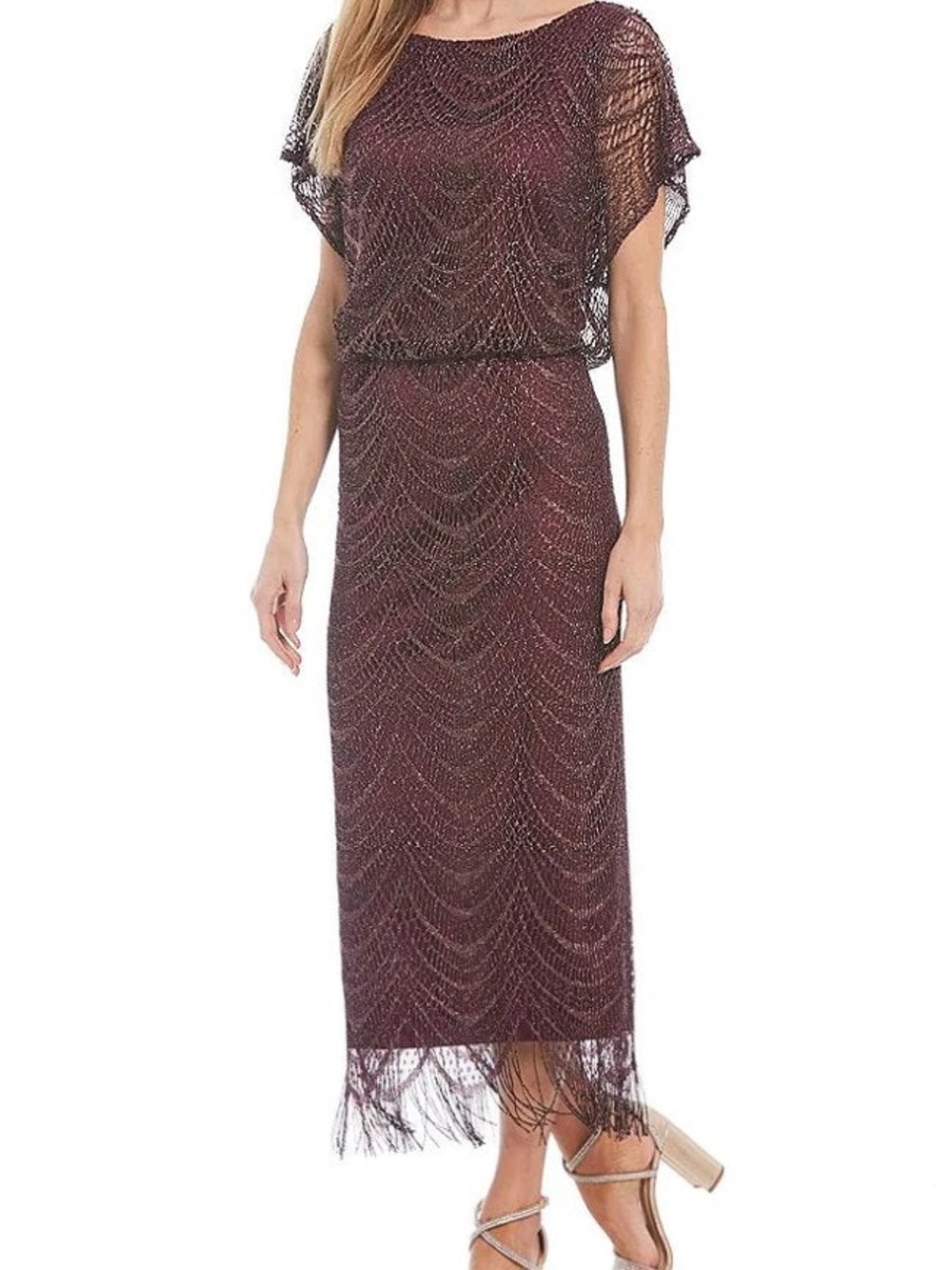 SLNY Wine Burgundy Beaded Midi Dress with Fringe